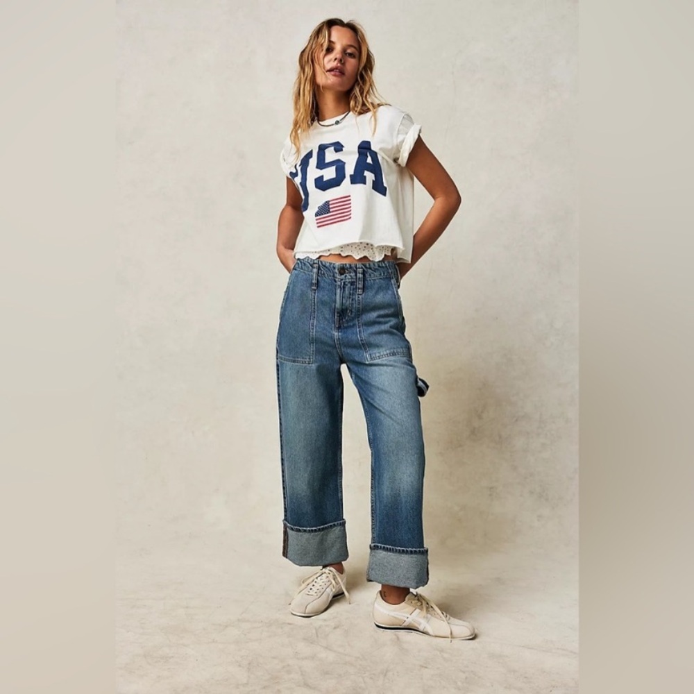 Free People Cropped Wide-Leg Jeans in Medium Blue